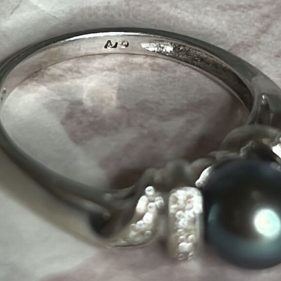 10k White Gold 9mm Grey Tahitian Pearl and Diamond Ring - Picture 13 of 15